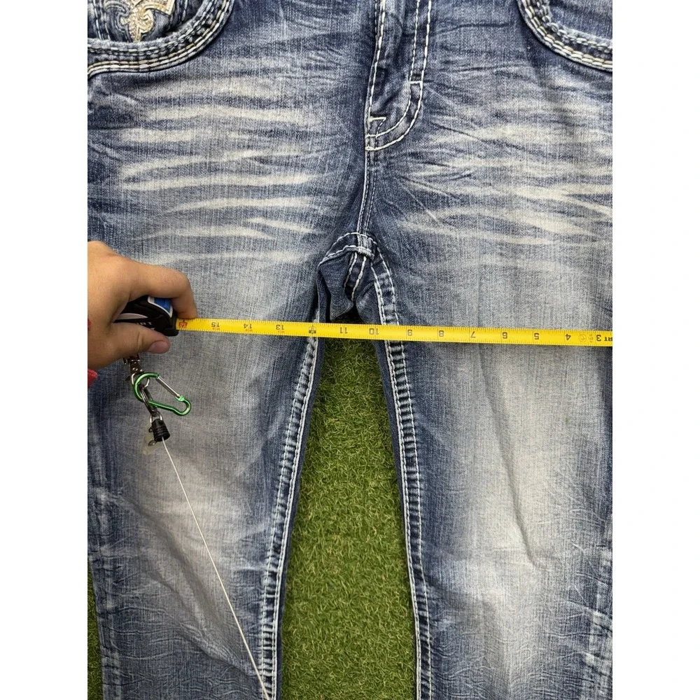 Rock Revival Jeans Mens 33 Distressed Light Wash Denim Keenan Straight Leg Y2K